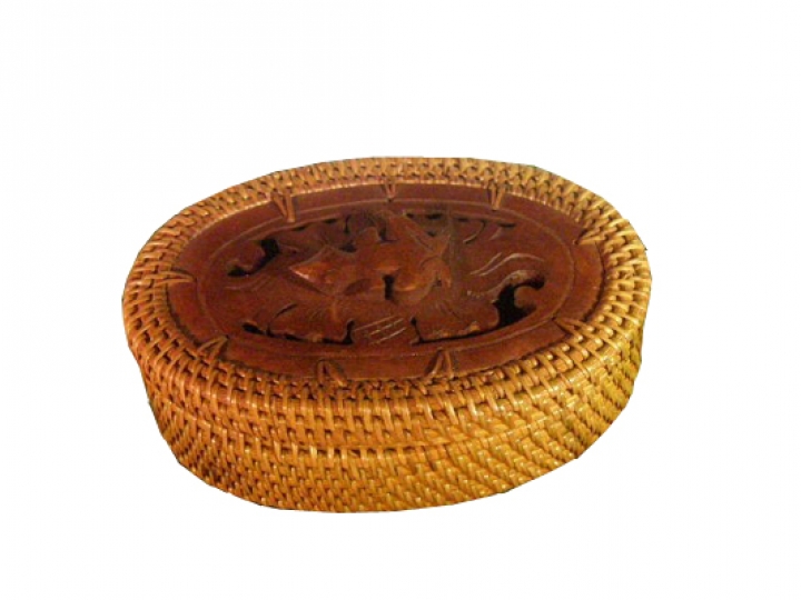 Holz-Rattanbox, handgeschnitzt mit Frosch, oval, mit Deckel 15 cm