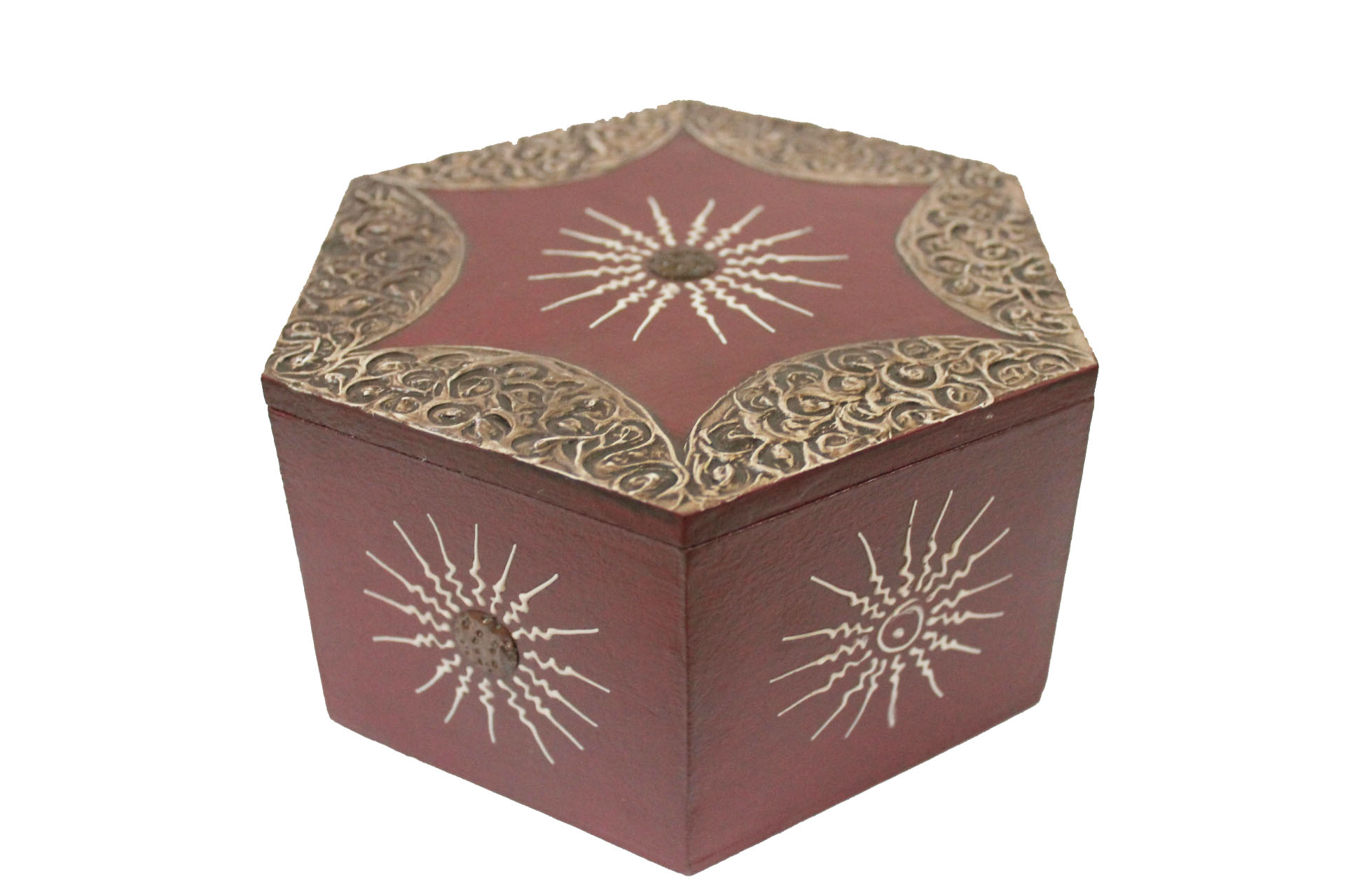 Verzierte Holz Box Schatulle mit Klappdeckel braun sechseckig handbemalt 19 cm