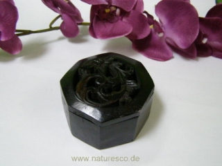 Edle Dose aus Teakholz mit Schnitzerei 9cm schwarz
