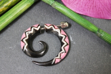 Fake Piercing Fake Spirale mit Koralle-Inlay rosa pink aus Horn mit Edelstahl-Schraubverschluss 3cm