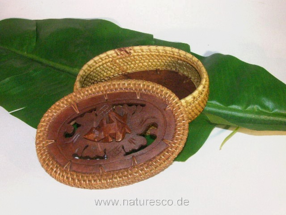 Holz-Rattanbox, handgeschnitzt mit Frosch, oval, mit Deckel 15 cm
