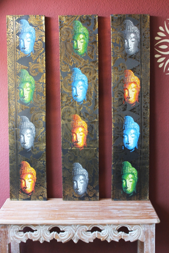 Edles Buddha Wandbild 3-teilig auf Leinwand je 100cmx20,5cm Gold-Brokatoptik