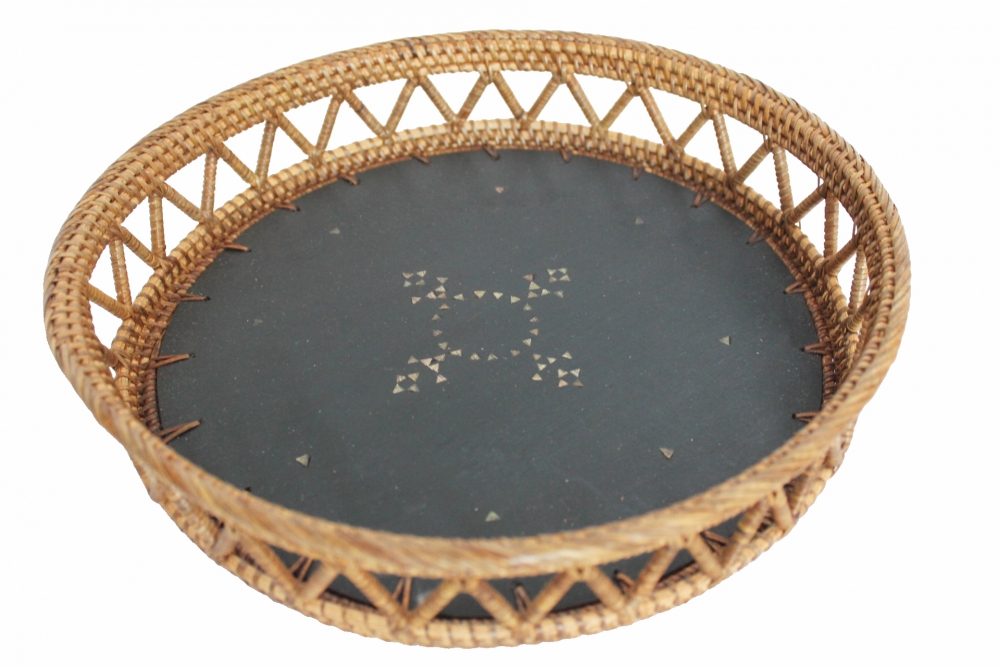 Exotischer Obst-/Brötchen-/Dekokorb, Holz, Perlmutt, Rattan - 25 cm